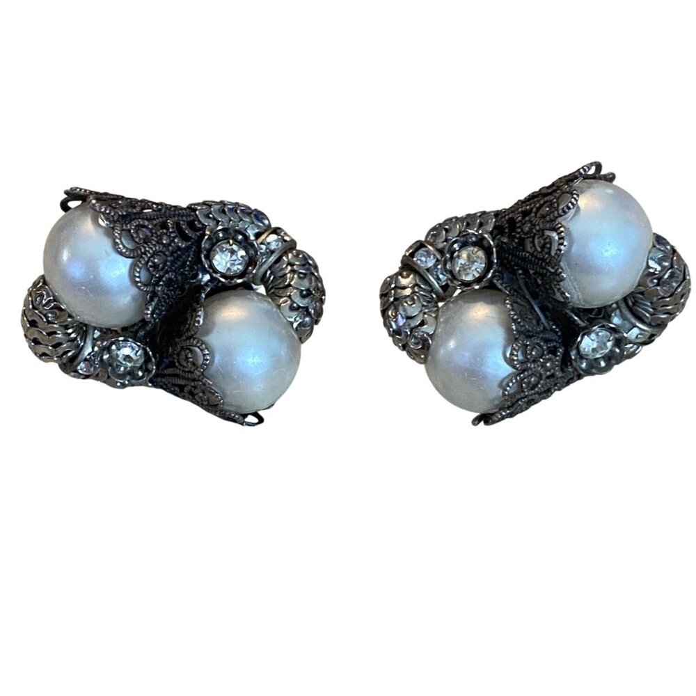 Vintage Napier Silver Tone Clip-On Earrings With Faux Pearls & Rhinestones